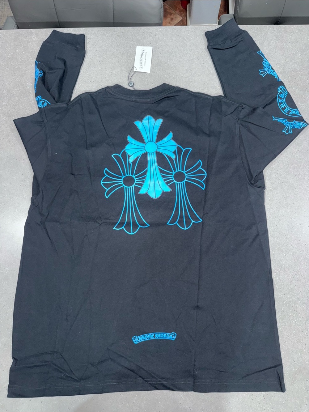 Men’s chrome hearts Black Long-Sleeve Tee with Blue Cross Graphic
